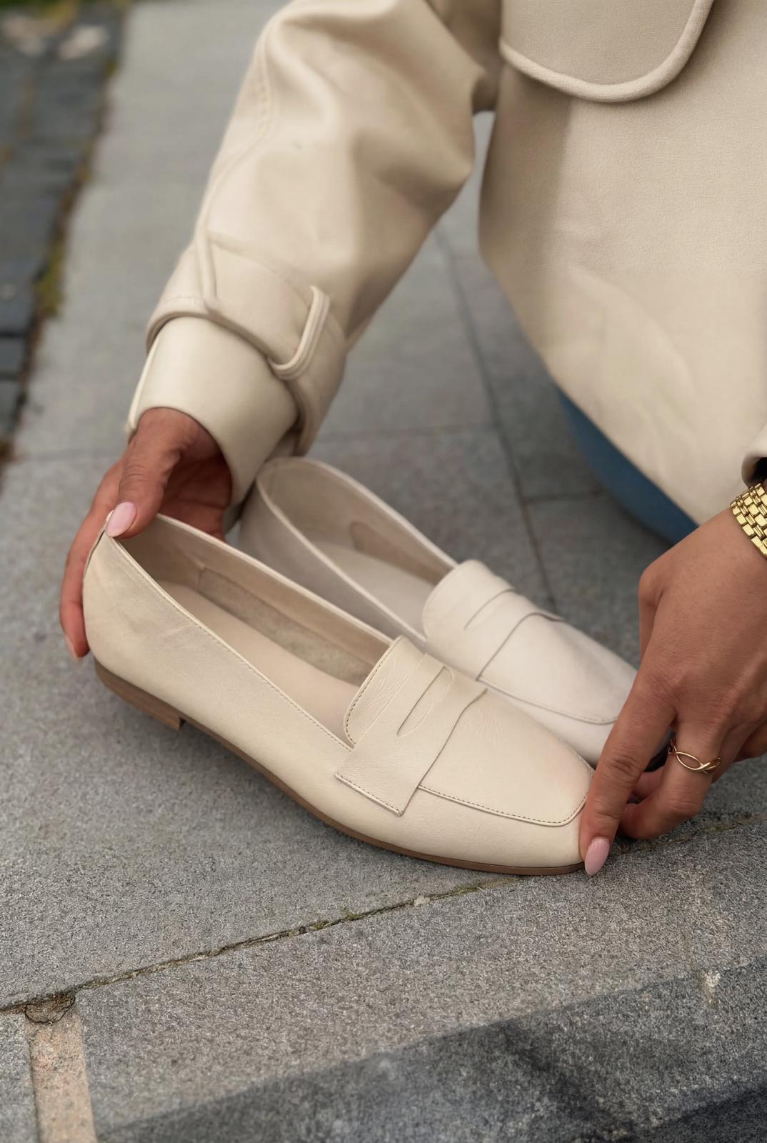 Melniel Hakiki Deri Kadın Loafer Bej - ILOVESHOES