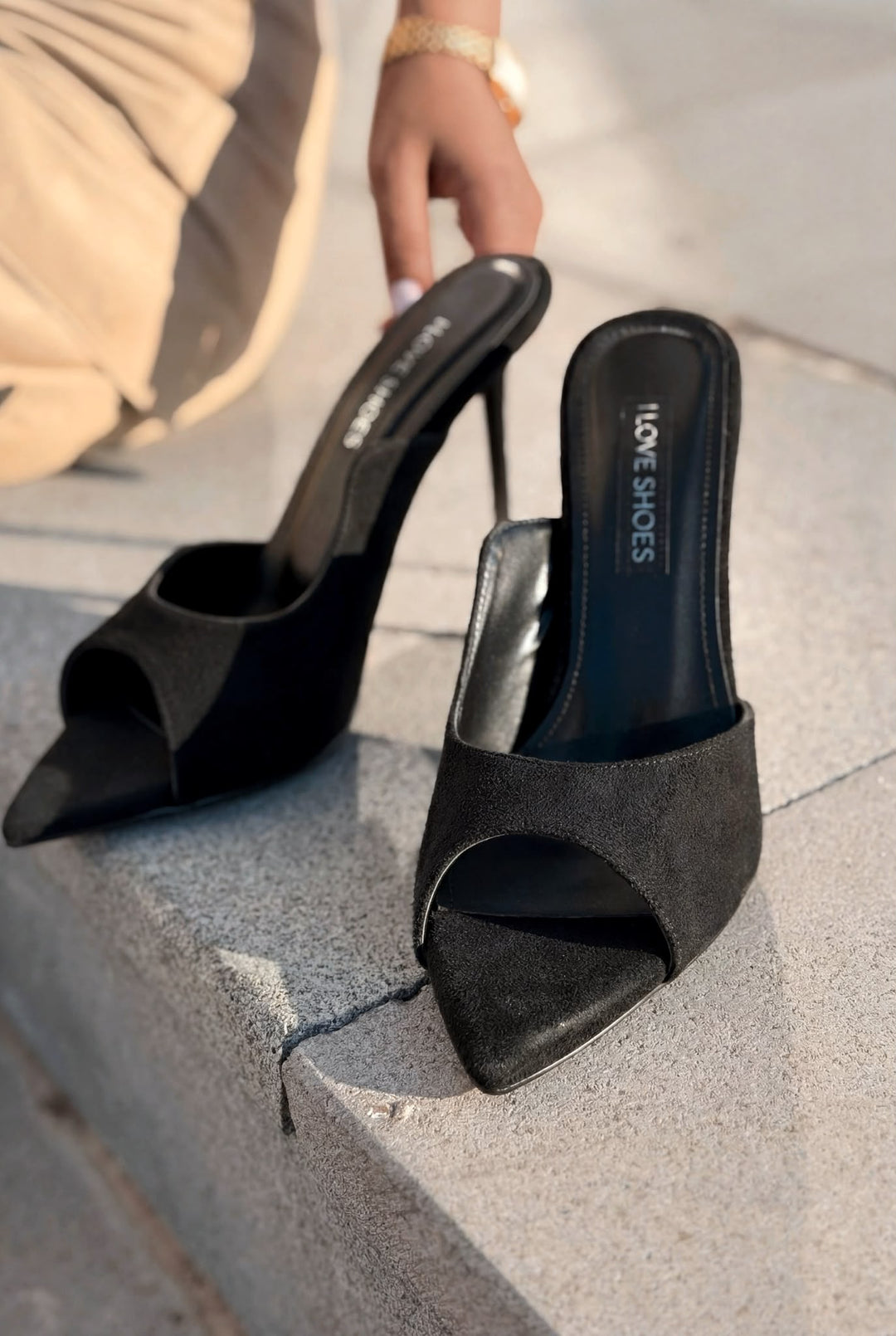 Tenvor Siyah Süet Kadın Topuklu Terlik - ILOVESHOES