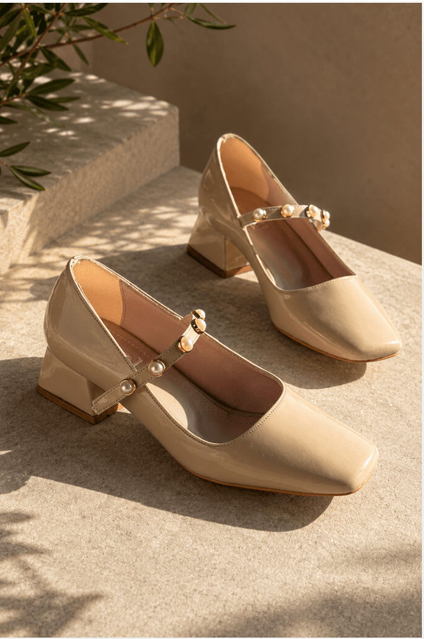 Myrel Bej İnci Detaylı Rugan Kadın Marry Jane - ILOVESHOES