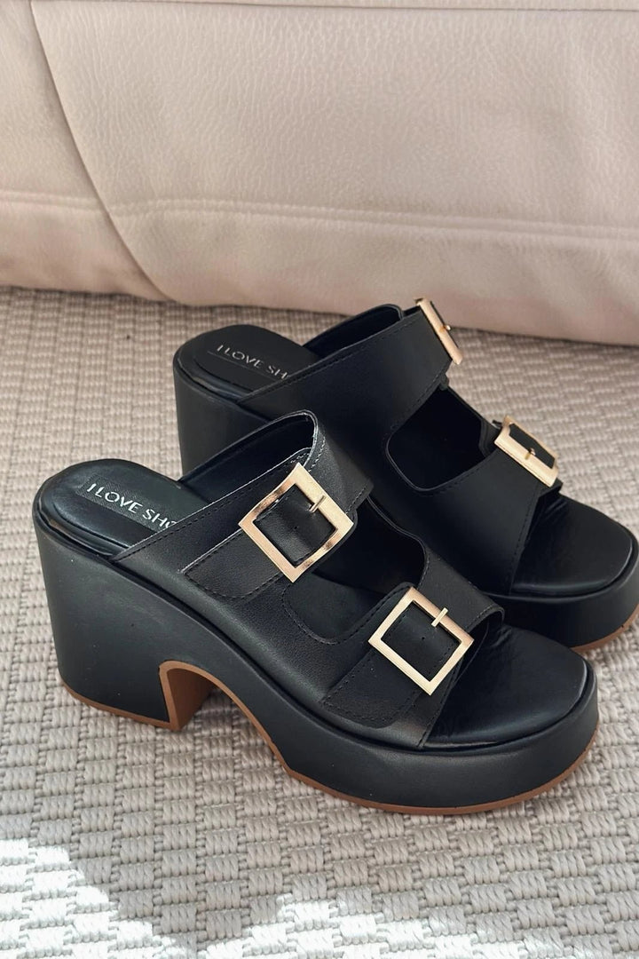 Livons Mat Deri Platform Topuklu Kadın Terlik Siyah - ILOVESHOES