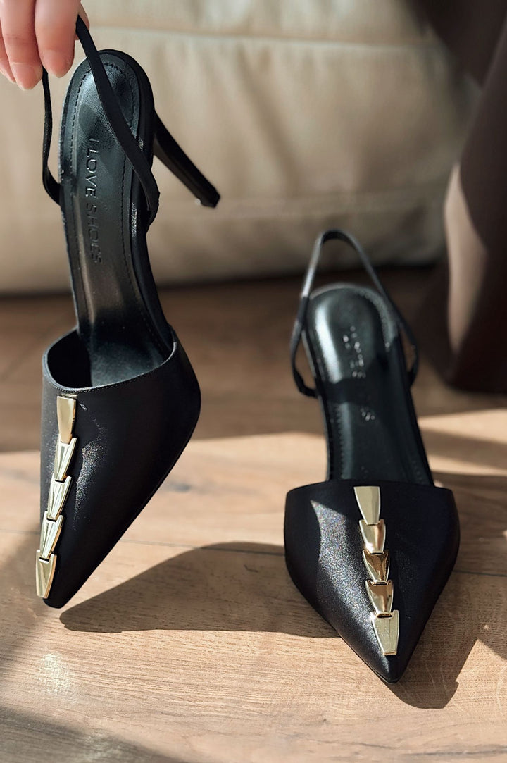 Jaylen Saten Siyah Yüksek Topuklu Kadın Ayakkabı - ILOVESHOES