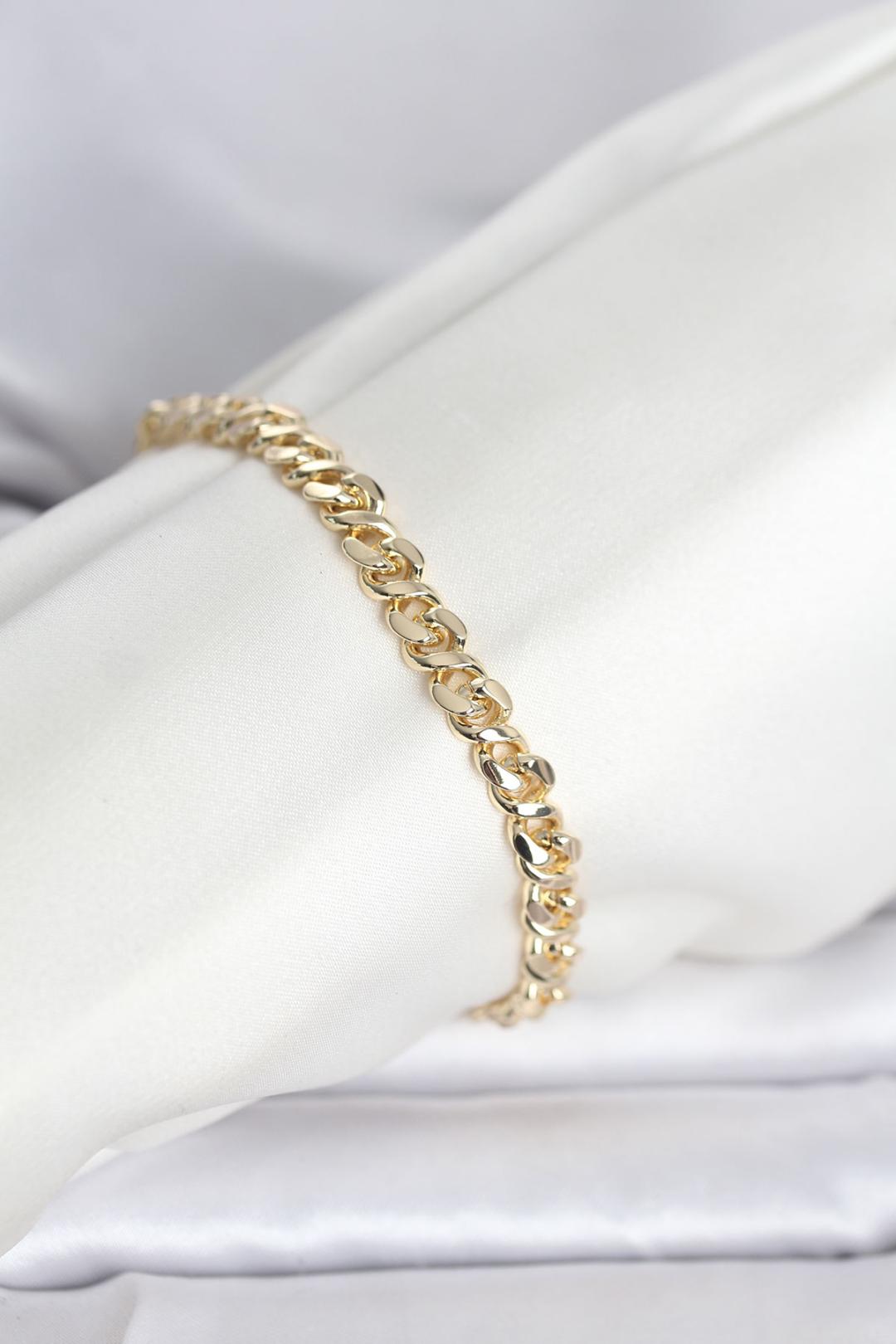 ILS - 1103 Kadın Bileklik Gold 14K Pirinç Yassı Zincir - ILOVESHOES