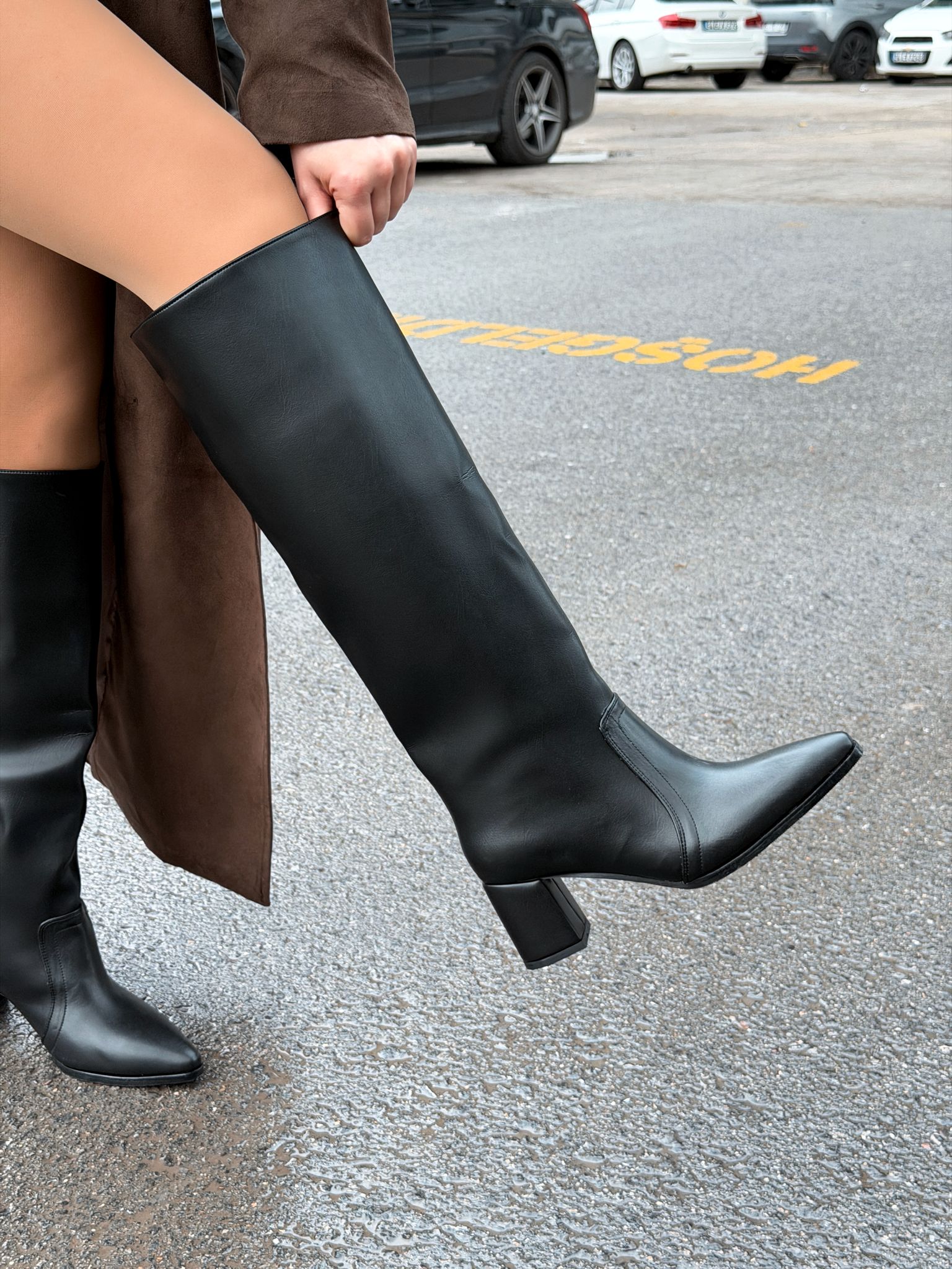 Solvren Kadın Topuklu XL Çizme Siyah Mat Deri - ILOVESHOES