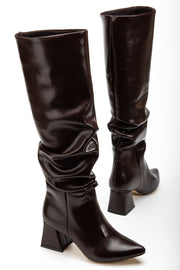 Nexari Kadın Topuklu Çizme Acıkahve Kırışık Rugan - ILOVESHOES