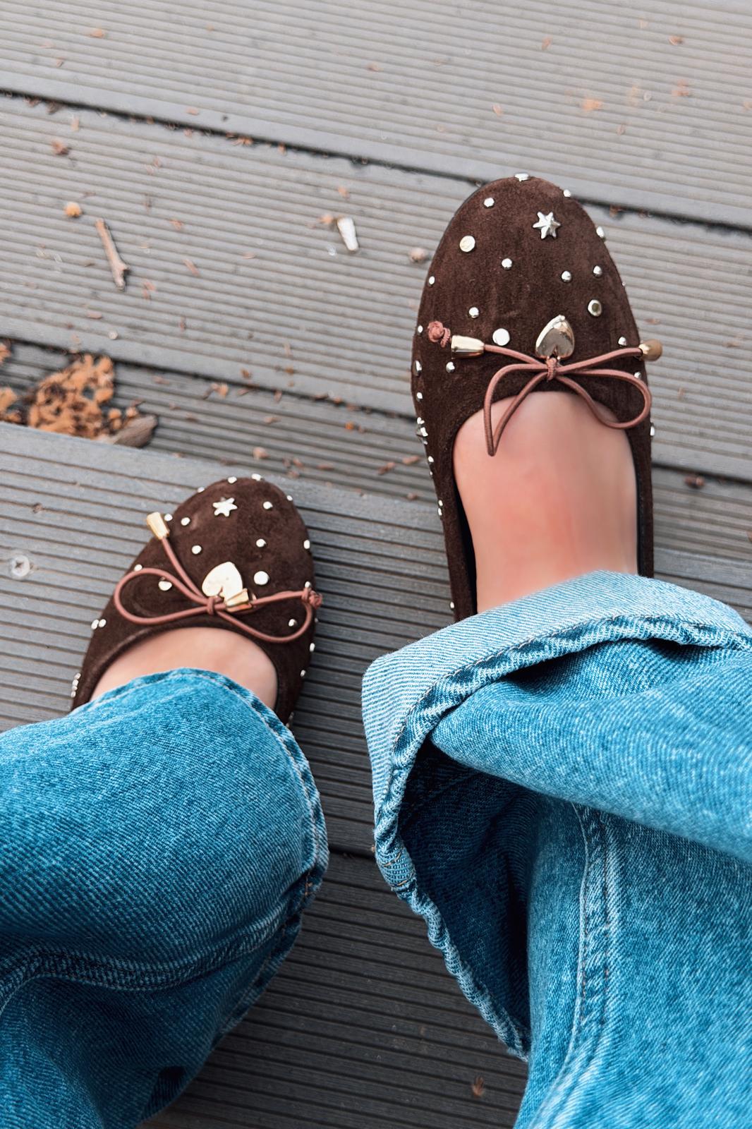 Vessa Kadın Babet Acıkahve Hakiki Süet Zımba Detaylı - ILOVESHOES