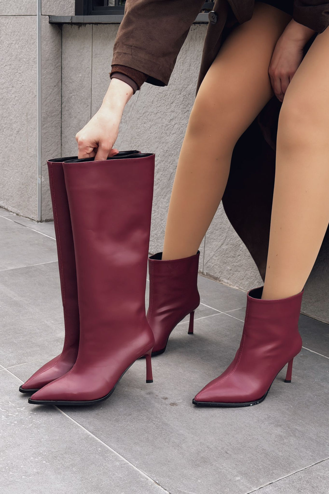 Aviren Kadın Topuklu Çizme Bordo Mat Deri - ILOVESHOES