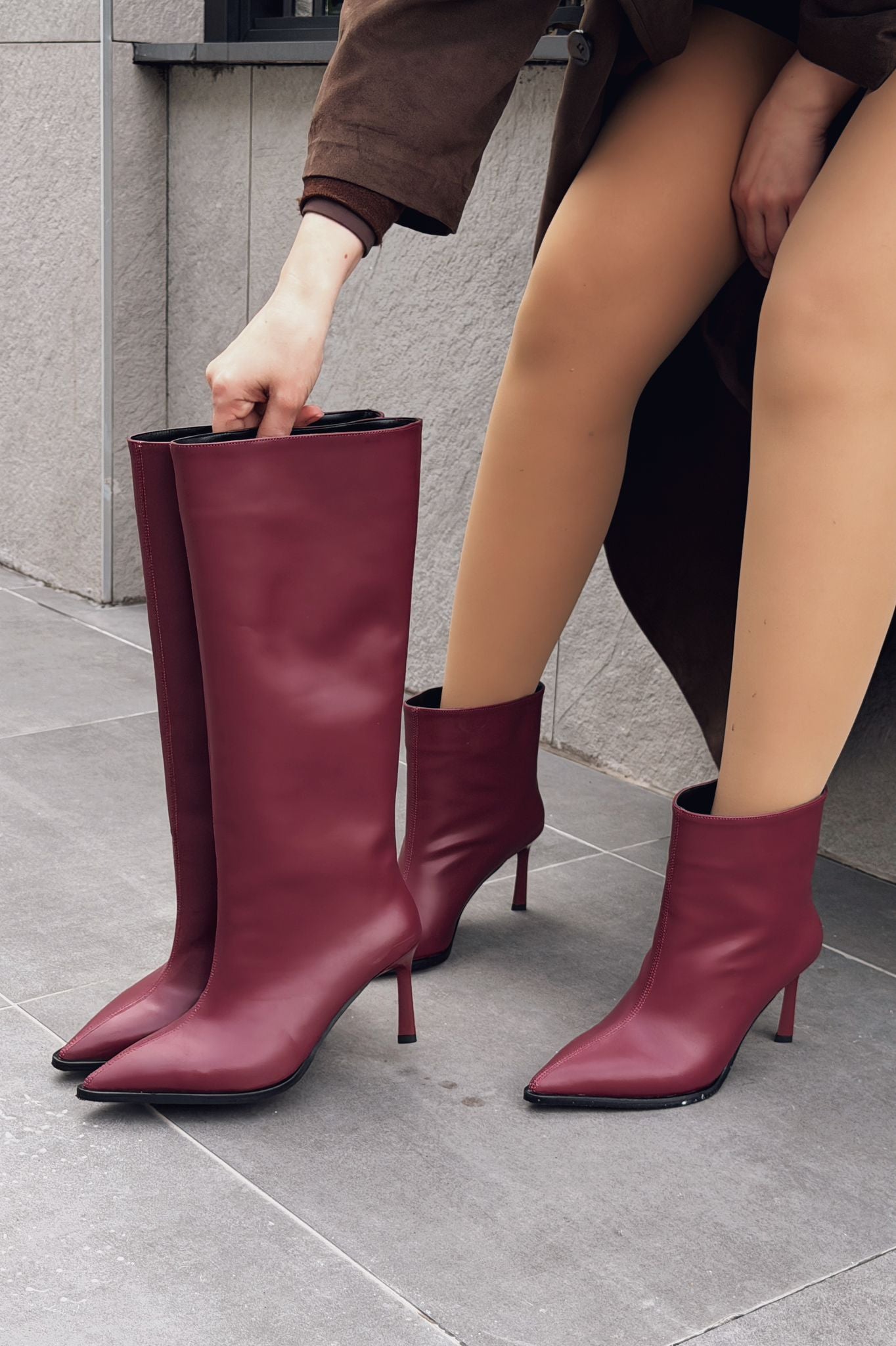 Aviren Kadın Topuklu Çizme Bordo Mat Deri - ILOVESHOES
