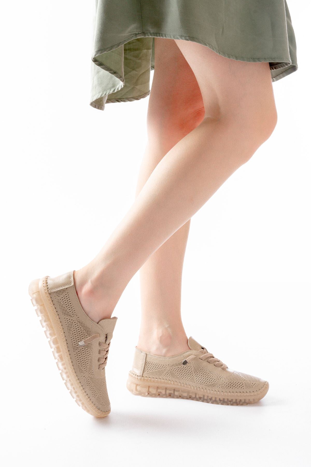 Narissa Hakiki Deri Bej Şeffaf Taban Kadın Spor Ayakkabı - ILOVESHOES
