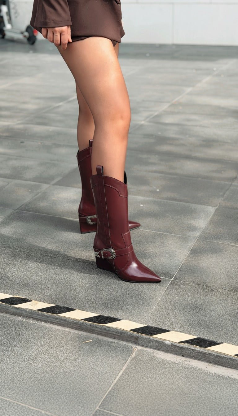 Bonvir Kadın Dolgu Topuklu Çizme Bordo Parlak Deri - ILOVESHOES