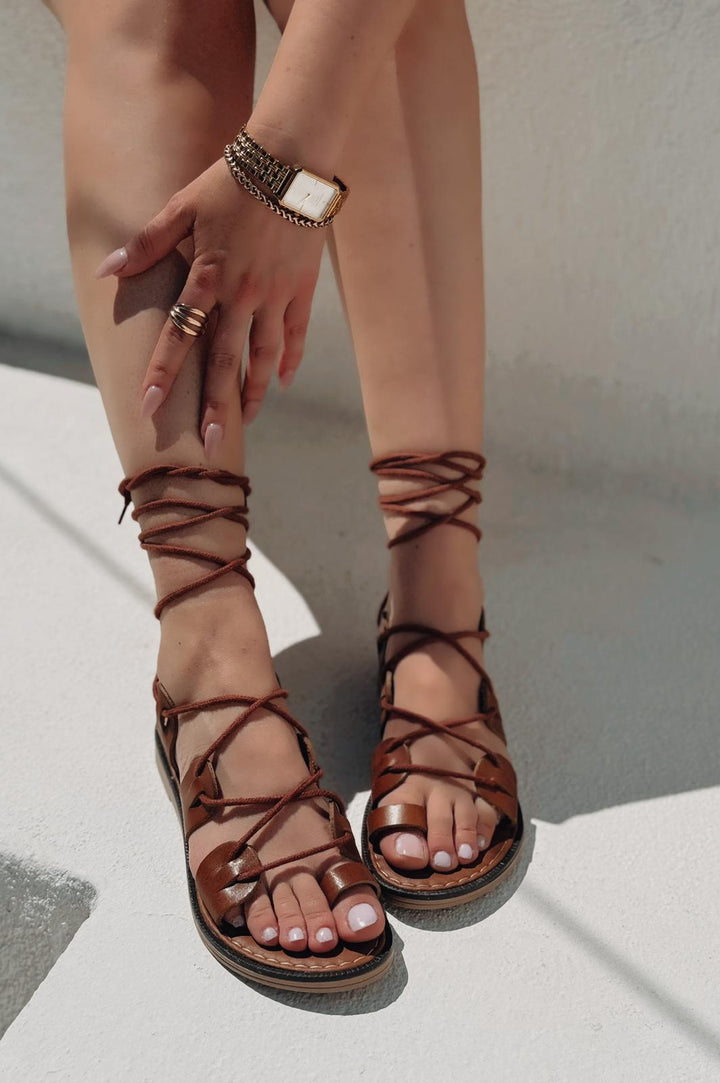 Aliris Hakiki Deri Taba Bağcıklı Düz Kadın Sandalet - ILOVESHOES