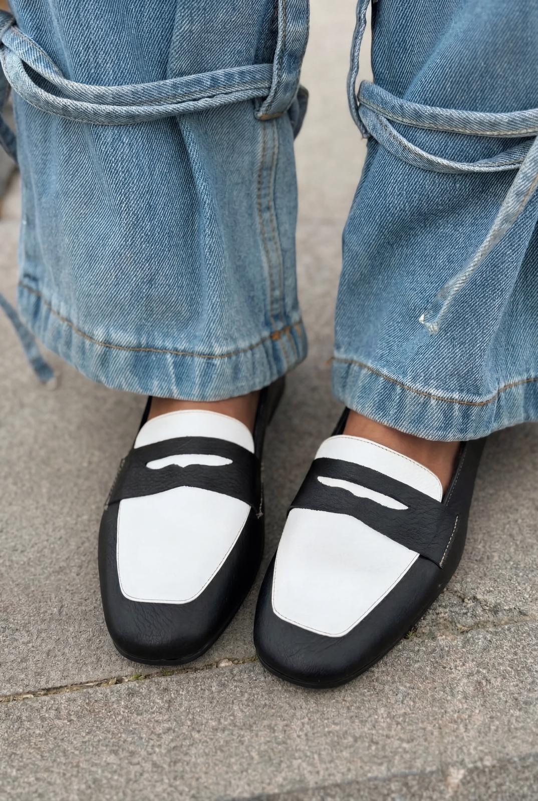 Melniel Hakiki Deri Kadın Loafer Siyah - Beyaz - ILOVESHOES
