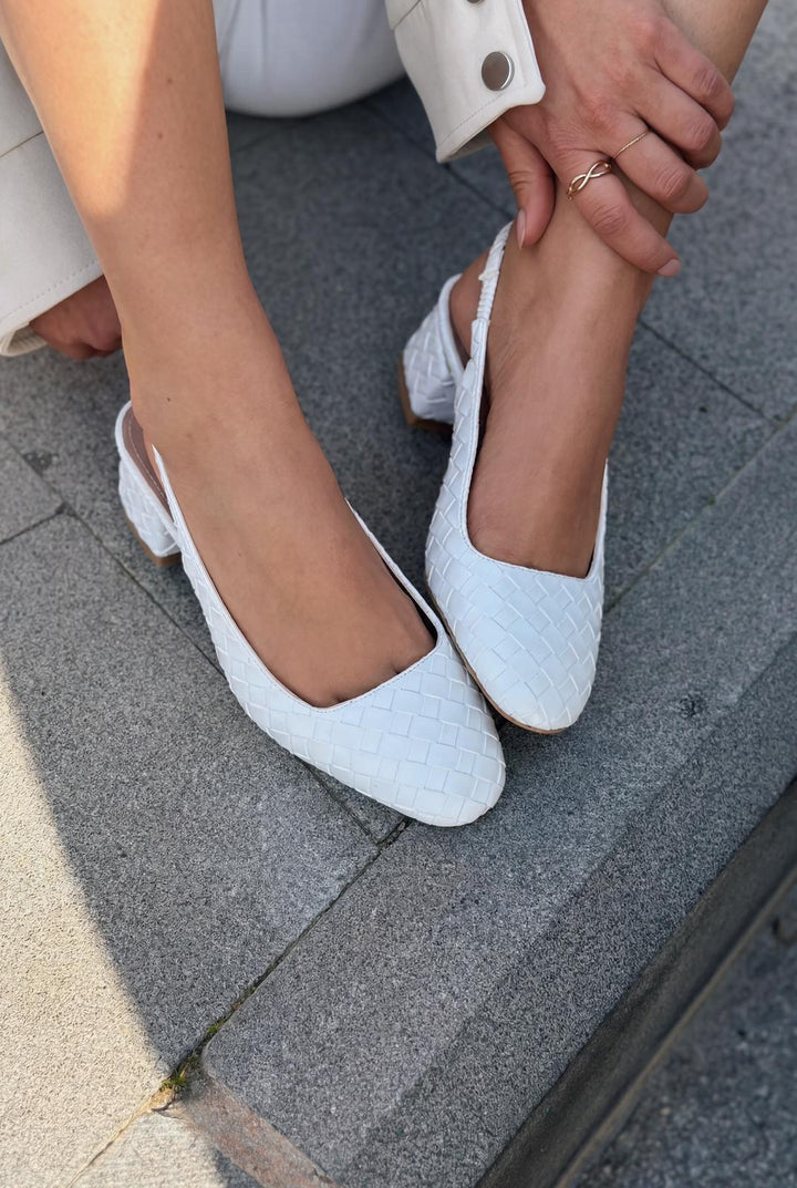 Solen Mary jane Topuklu Ayakkabı Beyaz Mat Deri Örgü Detaylı - ILOVESHOES