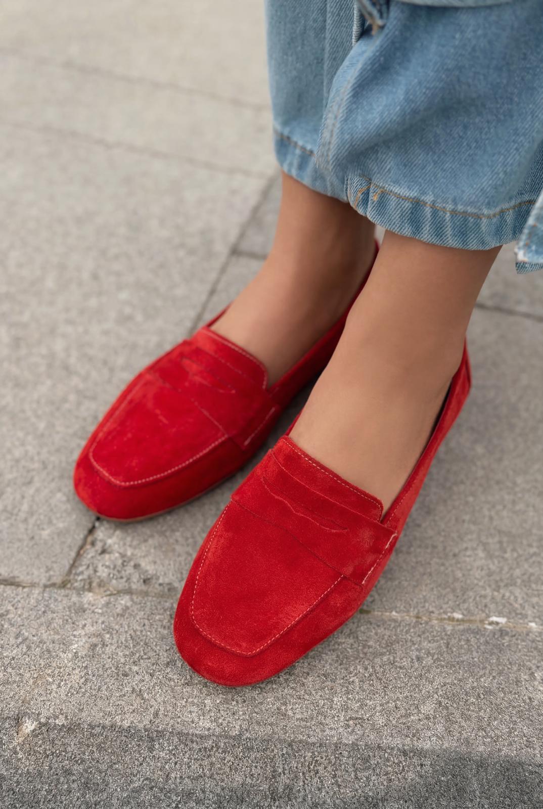 Melniel Hakiki Süet Kadın Loafer Kırmızı - ILOVESHOES