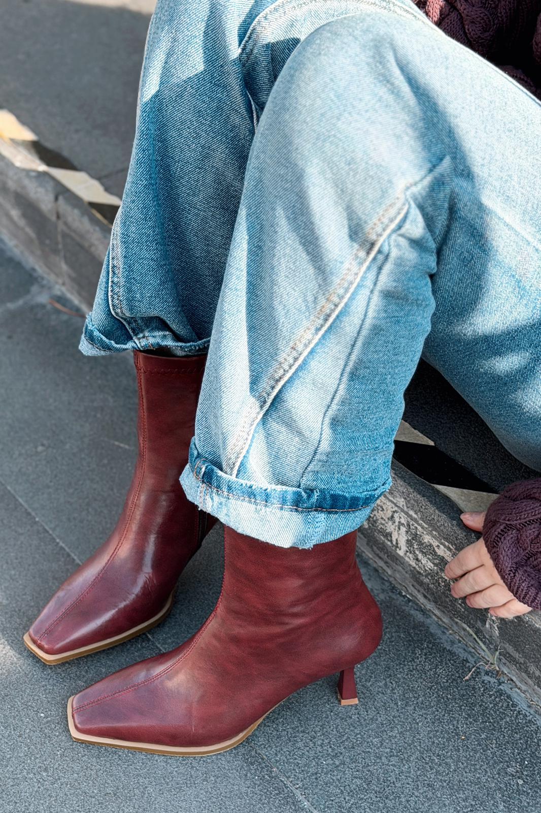 Alderie Kadın Topuklu Bot Bordo Mat Deri - ILOVESHOES