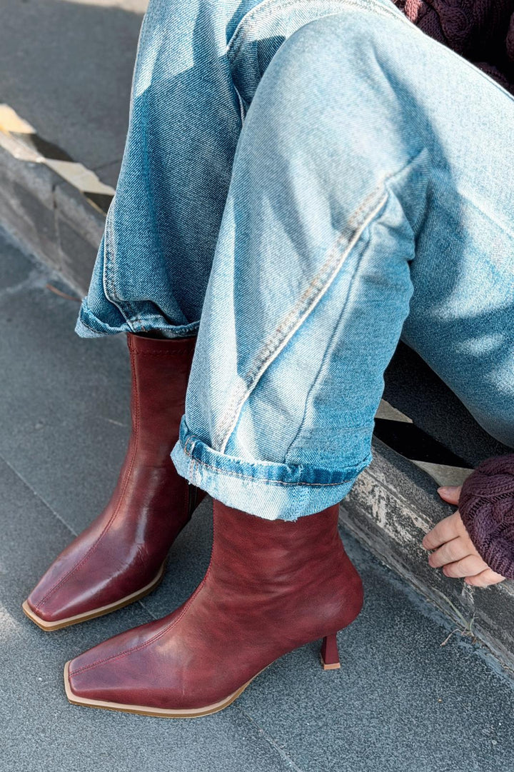 Alderie Kadın Topuklu Bot Bordo Mat Deri - ILOVESHOES