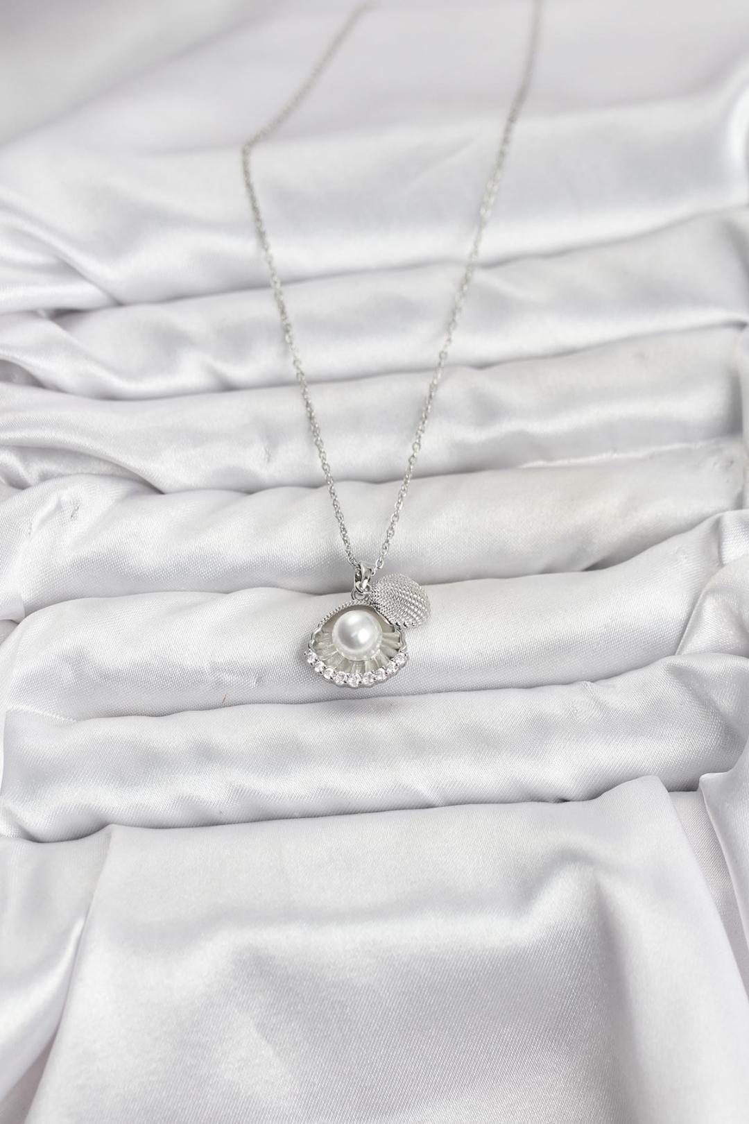 ILS - 1124 Kadın Kolye Gümüş Çelik İncili Zirkon Taşlı - ILOVESHOES