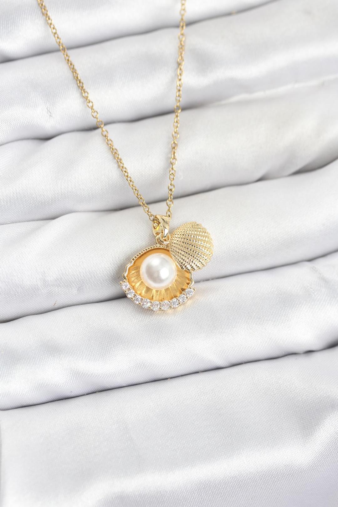 ILS - 1124 Kadın Kolye Gold Çelik İncili Zirkon Taşlı - ILOVESHOES