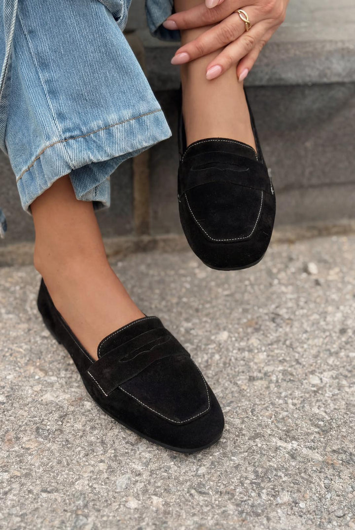 Melniel Hakiki Süet Kadın Loafer Siyah - ILOVESHOES