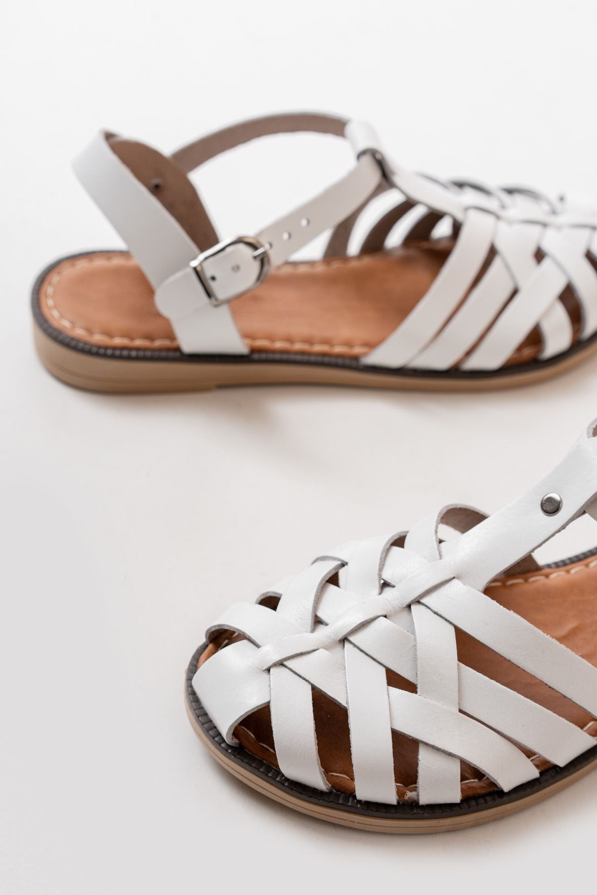 Halvion Hakiki Deri Beyaz Kadın Sandalet - ILOVESHOES