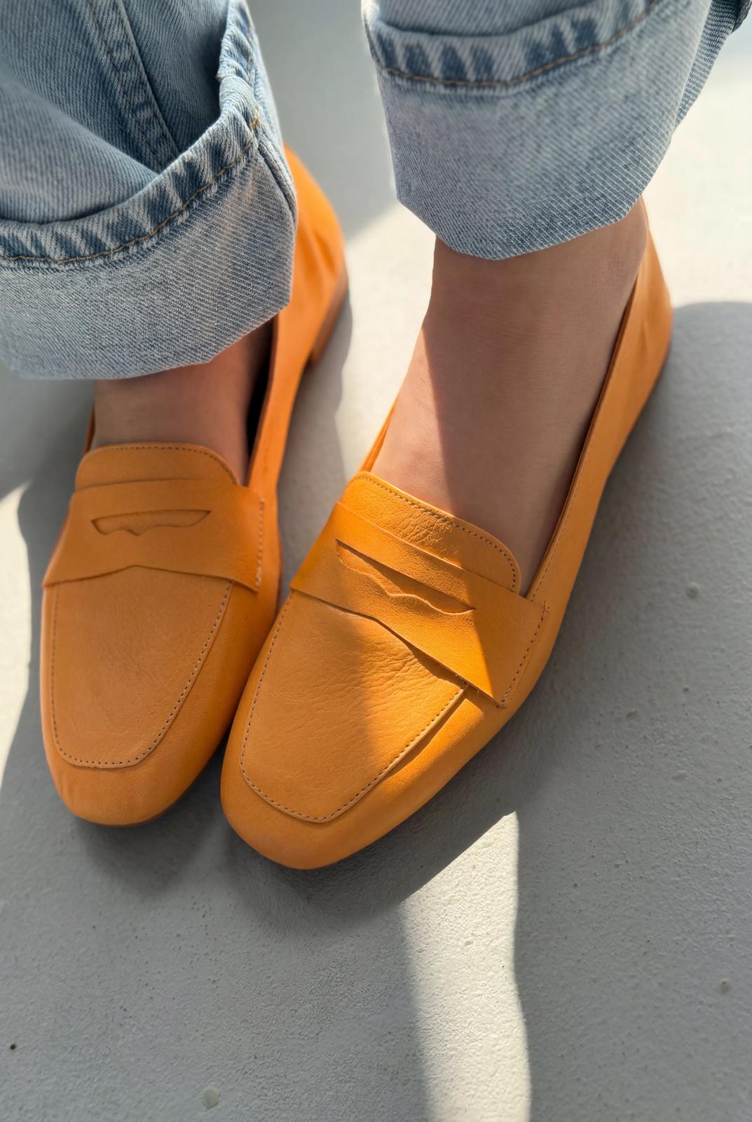 Melniel Turuncu Hakiki Deri Kadın Loafer - ILOVESHOES