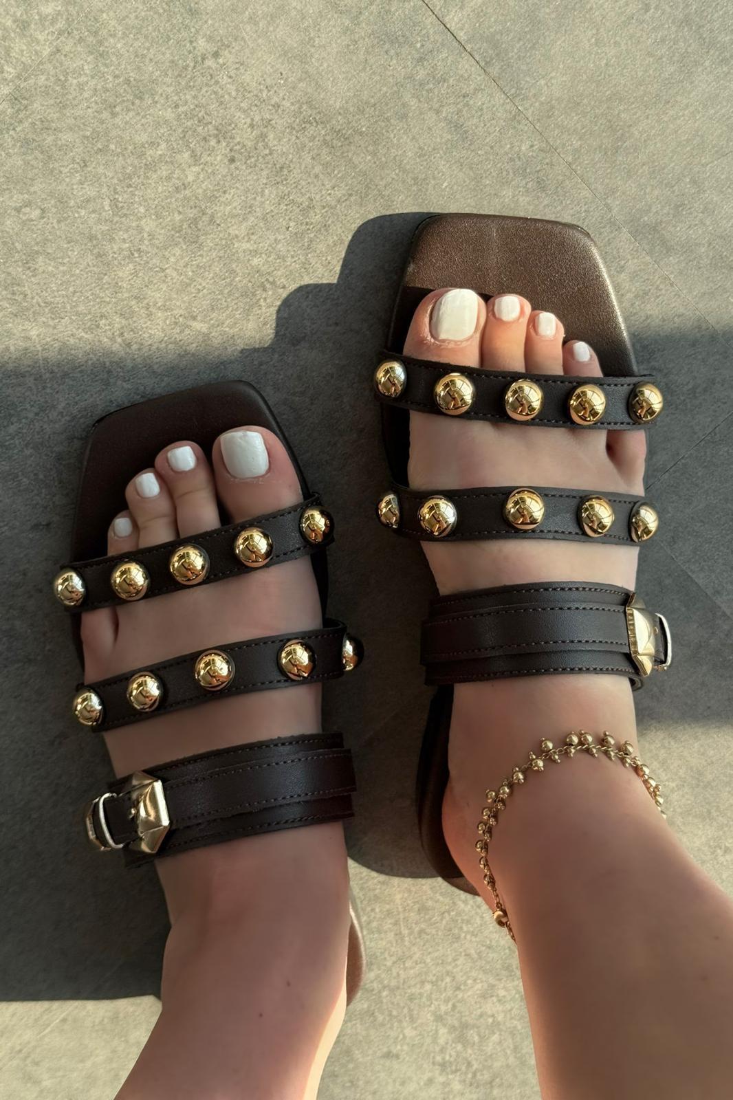 Dawist Mat Deri Acıkahve Troklu Düz Kadın Terlik - ILOVESHOES