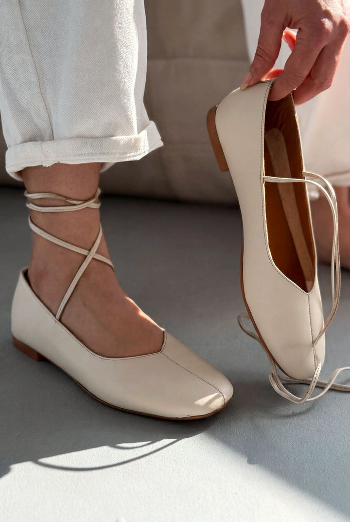 Morven Hakiki Deri Bej Kadın Babet - ILOVESHOES