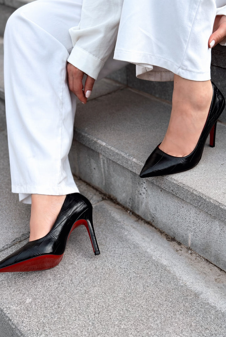 Noxi Siyah Kroko Mat Deri Kadın Stiletto