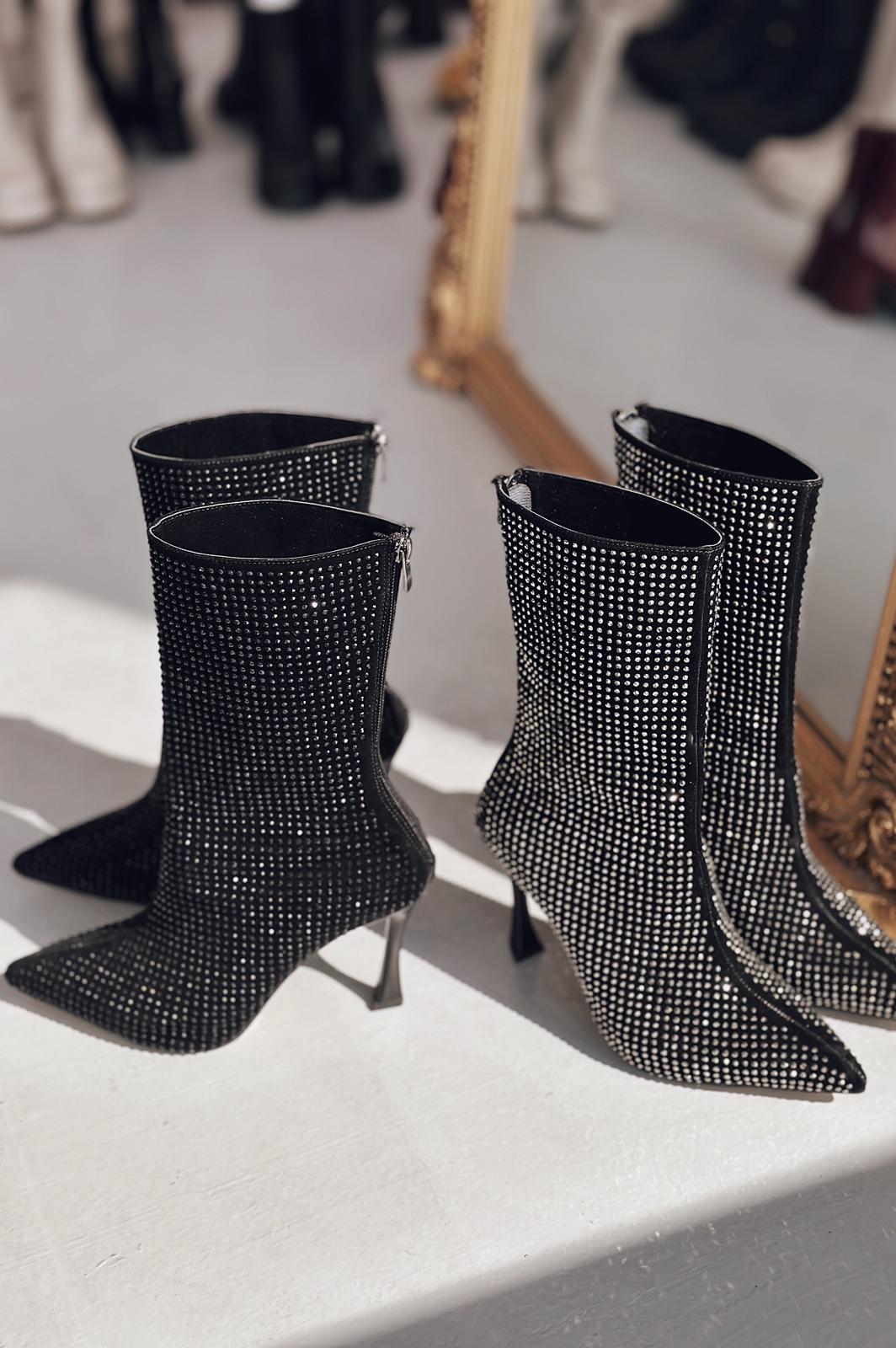 Simley Topuklu Kadın Çizme Siyah Süet Gri Taşlı - ILOVESHOES