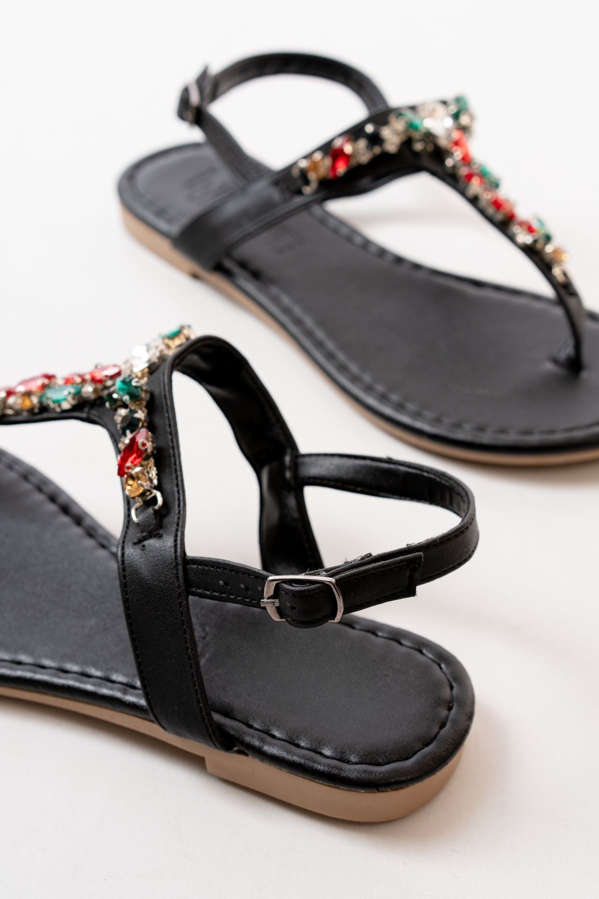Selvion Mat Deri Siyah Renkli Taşlı Parmak Arası Kadın Sandalet - ILOVESHOES
