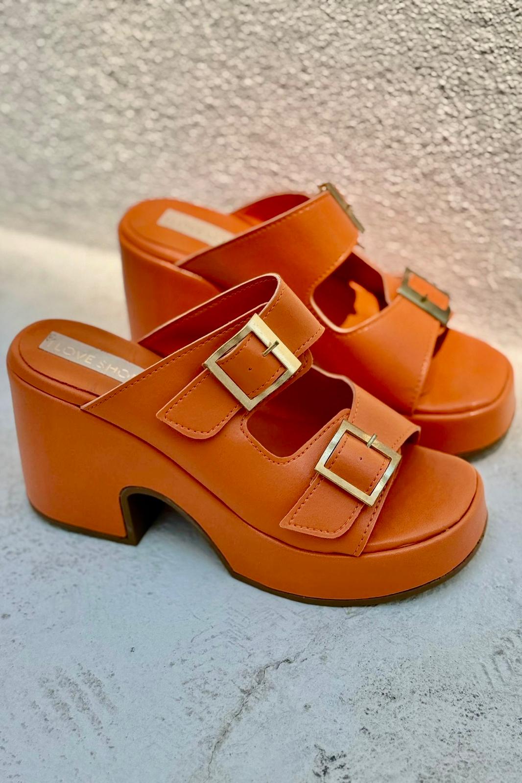 Livons Mat Deri Platform Topuklu Kadın Terlik Turuncu - ILOVESHOES