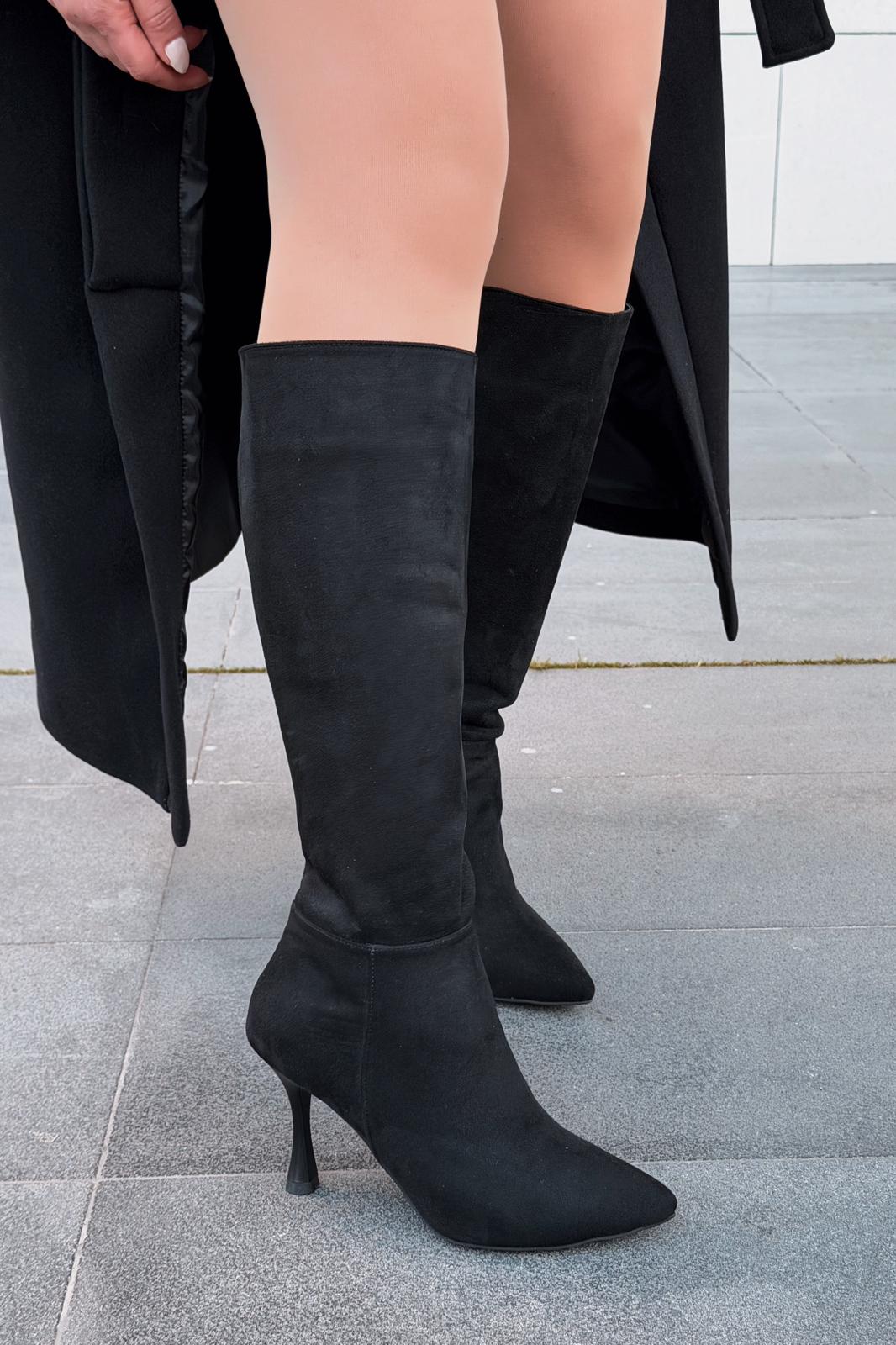 Zynor Siyah Süet Fermuarlı Lastikli İnce Yüksek Topuklu Kadın Çizme - ILOVESHOES