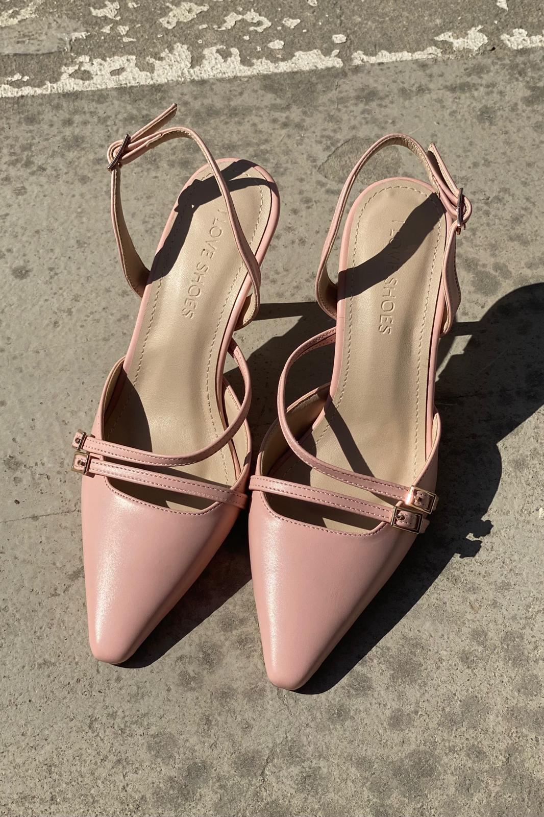 Telmor Mat Deri Bant Detaylı Yüksek Topuklu Stiletto Pudra - ILOVESHOES
