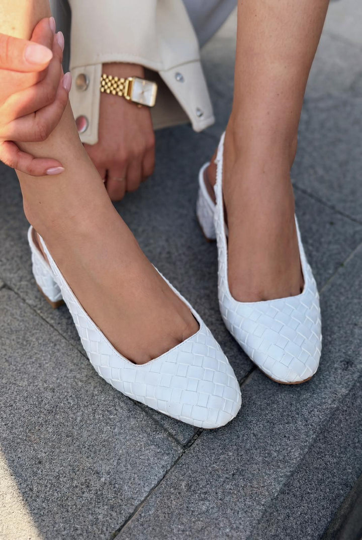 Solen Mary jane Topuklu Ayakkabı Beyaz Mat Deri Örgü Detaylı - ILOVESHOES