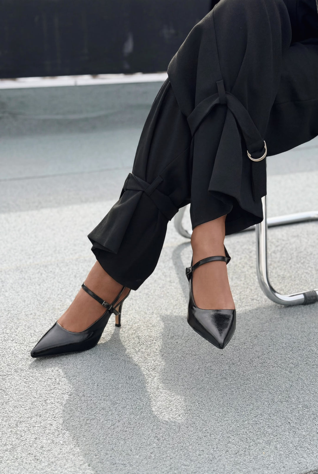 Lorent Siyah Kırışık Deri Kadın Stiletto - ILOVESHOES