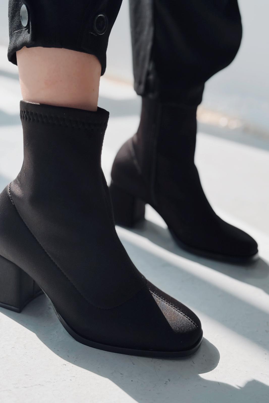 Nifora Kadın Topuklu Streç Bot Siyah Dalgıç Kumaş - ILOVESHOES