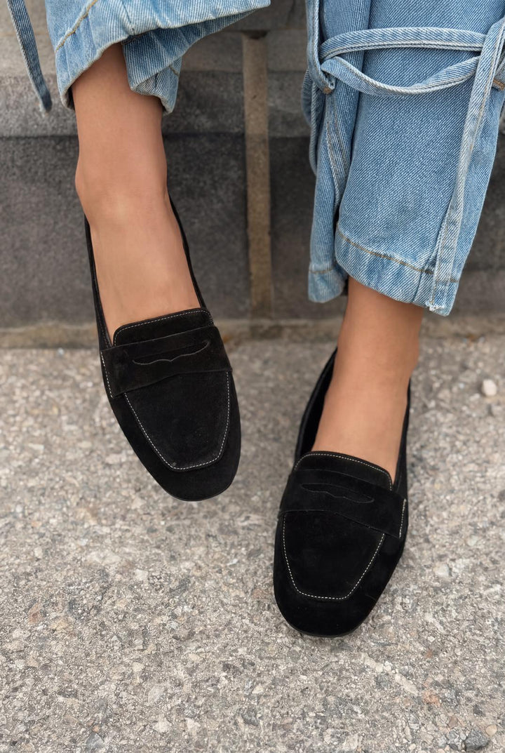 Melniel Hakiki Süet Kadın Loafer Siyah - ILOVESHOES