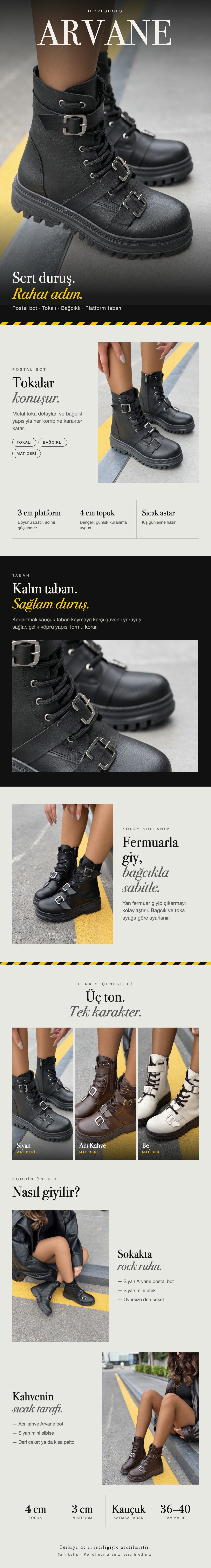 ILOVESHOES — Her adımda yanındayız. Hızlı kargo: Beden seçiminde hızlı kargo uyarısı gördüğün ürünler aynı gün kargoda. Yeniden üretiyoruz: Yoğun talep gören ürünleri üretim gücümüzle yeniden hazırlıyoruz. 22 ülkeye ulaşıyoruz: Ürünlerimizi dünyanın 22 ülkesine gönderiyoruz.
