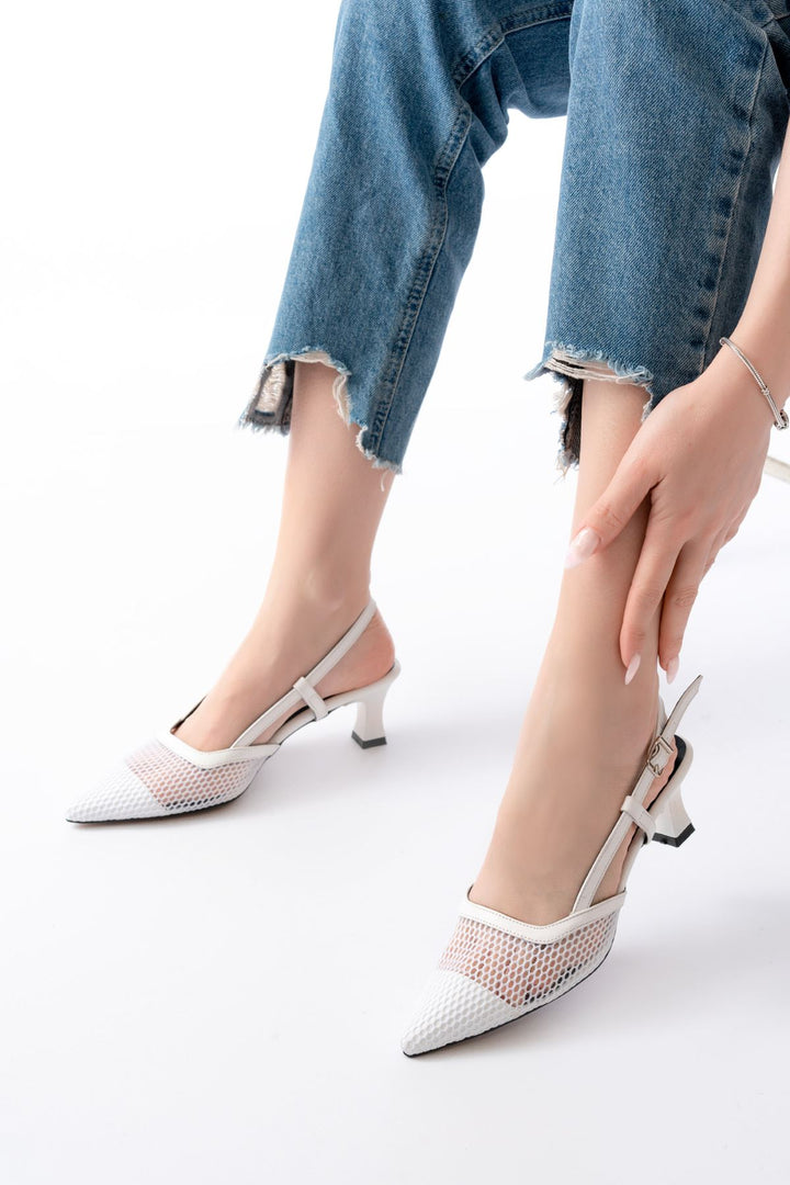 Alenor Mat Deri File Beyaz İnce Topuklu Stiletto