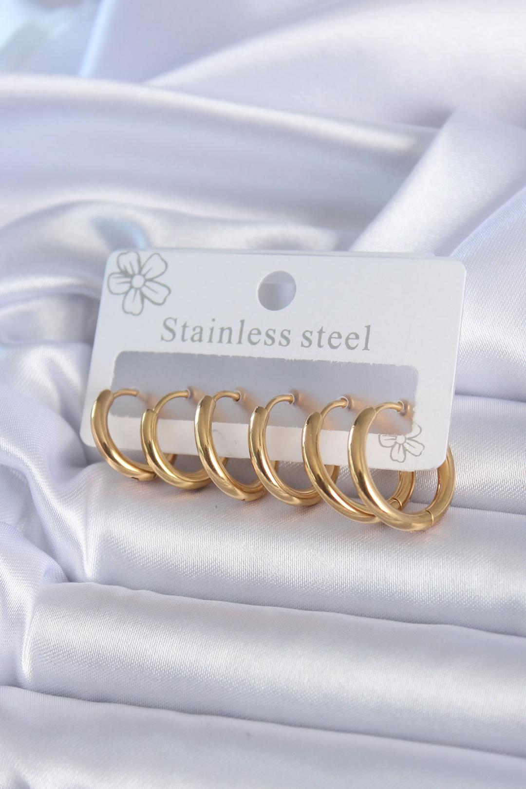 ILS-1153-316L Çelik Gold Renk Halka Model Kadın Küpe Seti