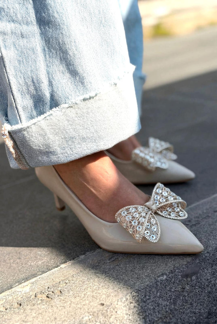 Sorexa Stiletto Bej Rugan Fiyonk Detaylı - ILOVESHOES