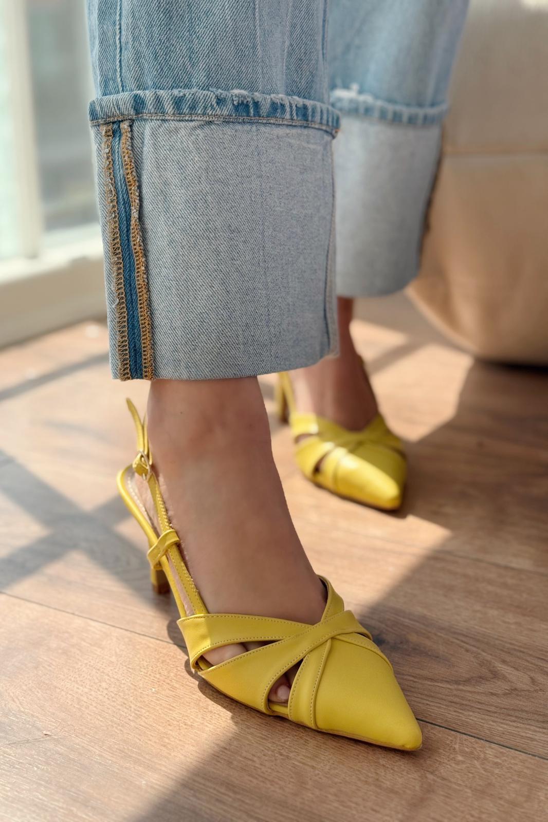 Peraps Mat Deri Yüksek Topuklu Stiletto Sarı - ILOVESHOES