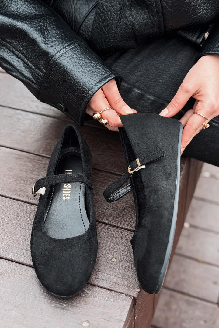 Tenris Kadın Babet Siyah Süet Dolgu Topuklu - ILOVESHOES