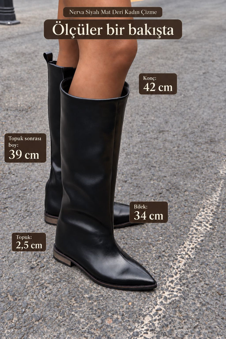 Nerva Siyah Mat Deri Kadın Çizme - ILOVESHOES