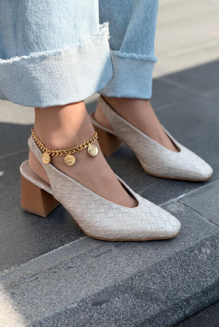 Meladina Topuklu Ayakkabı Bej Mat Deri Örgü Desenli - ILOVESHOES