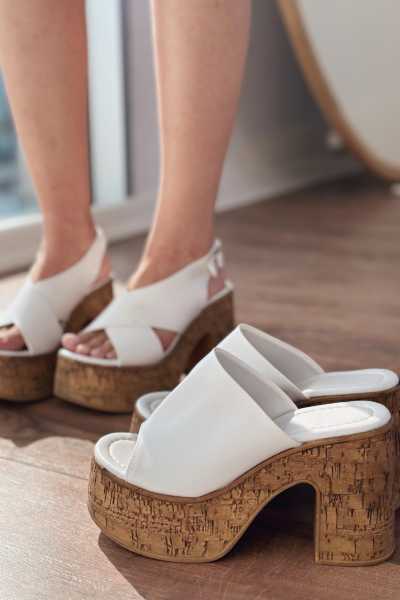 Lavina Mat Deri Beyaz Platform Topuklu Terlik - ILOVESHOES