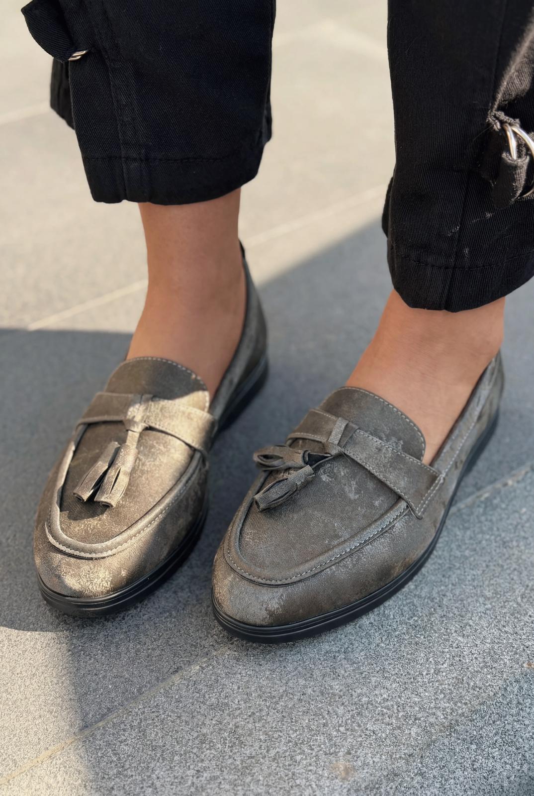 Yorvik Kadın Loafer Gri Saten - ILOVESHOES