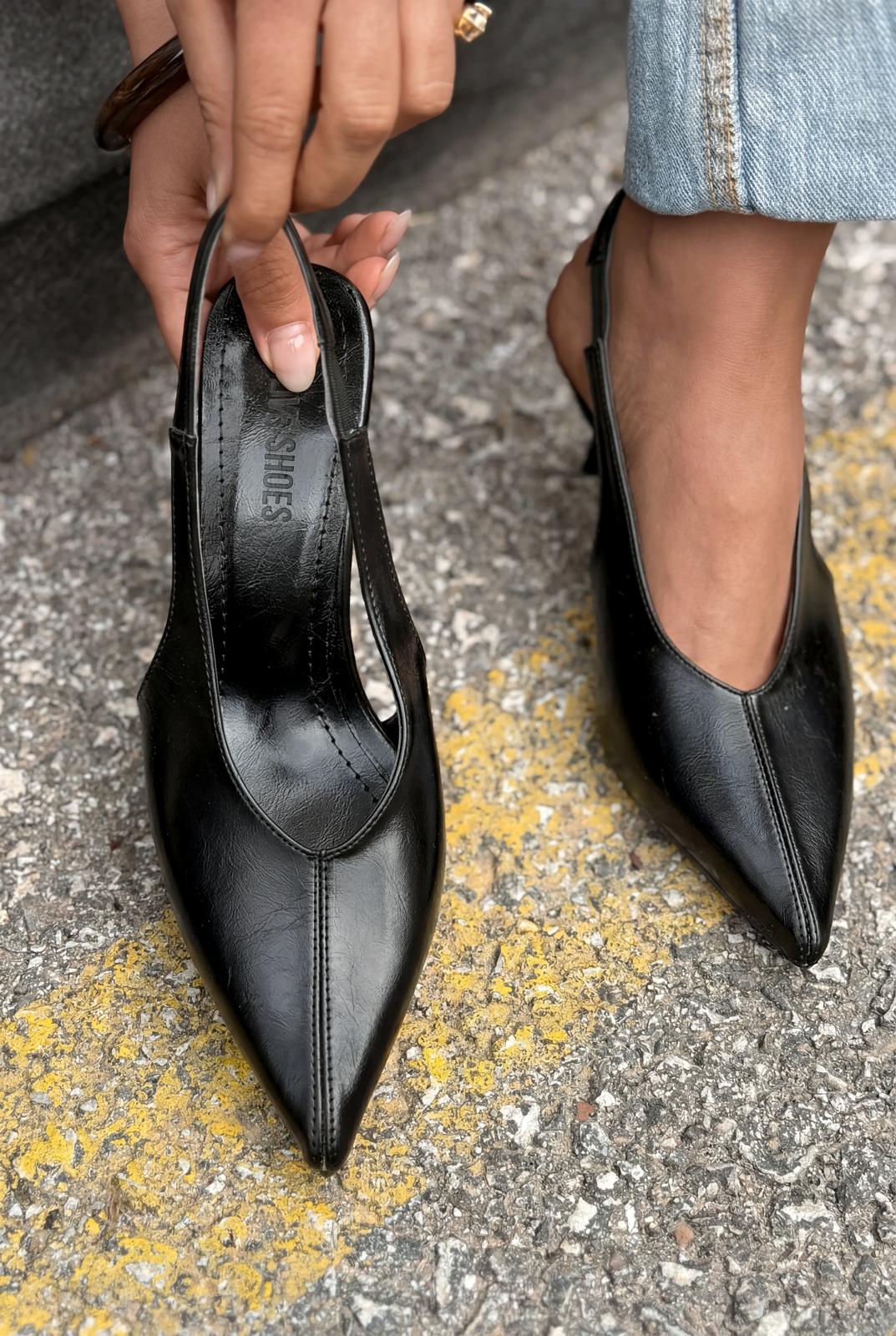 Navore Siyah Kırışık Deri Kadın Stiletto - ILOVESHOES