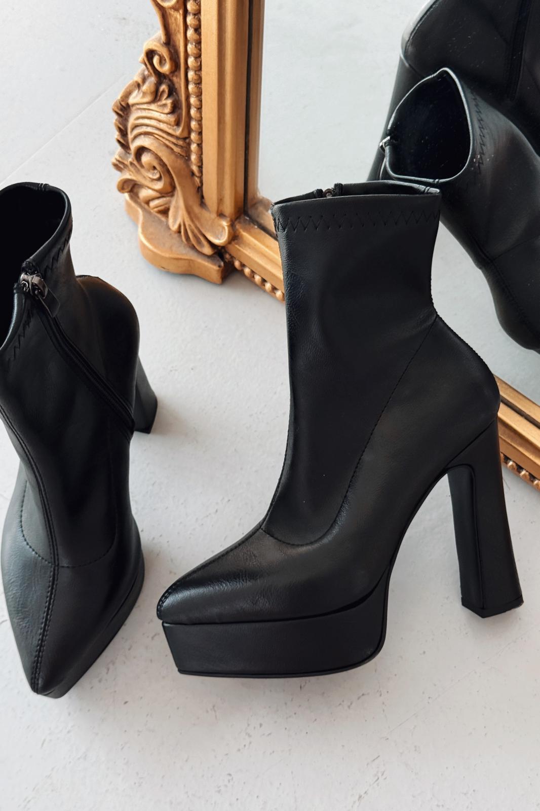 Inora Kadın Platform Topuklu Streç Bot Siyah Mat Deri - ILOVESHOES