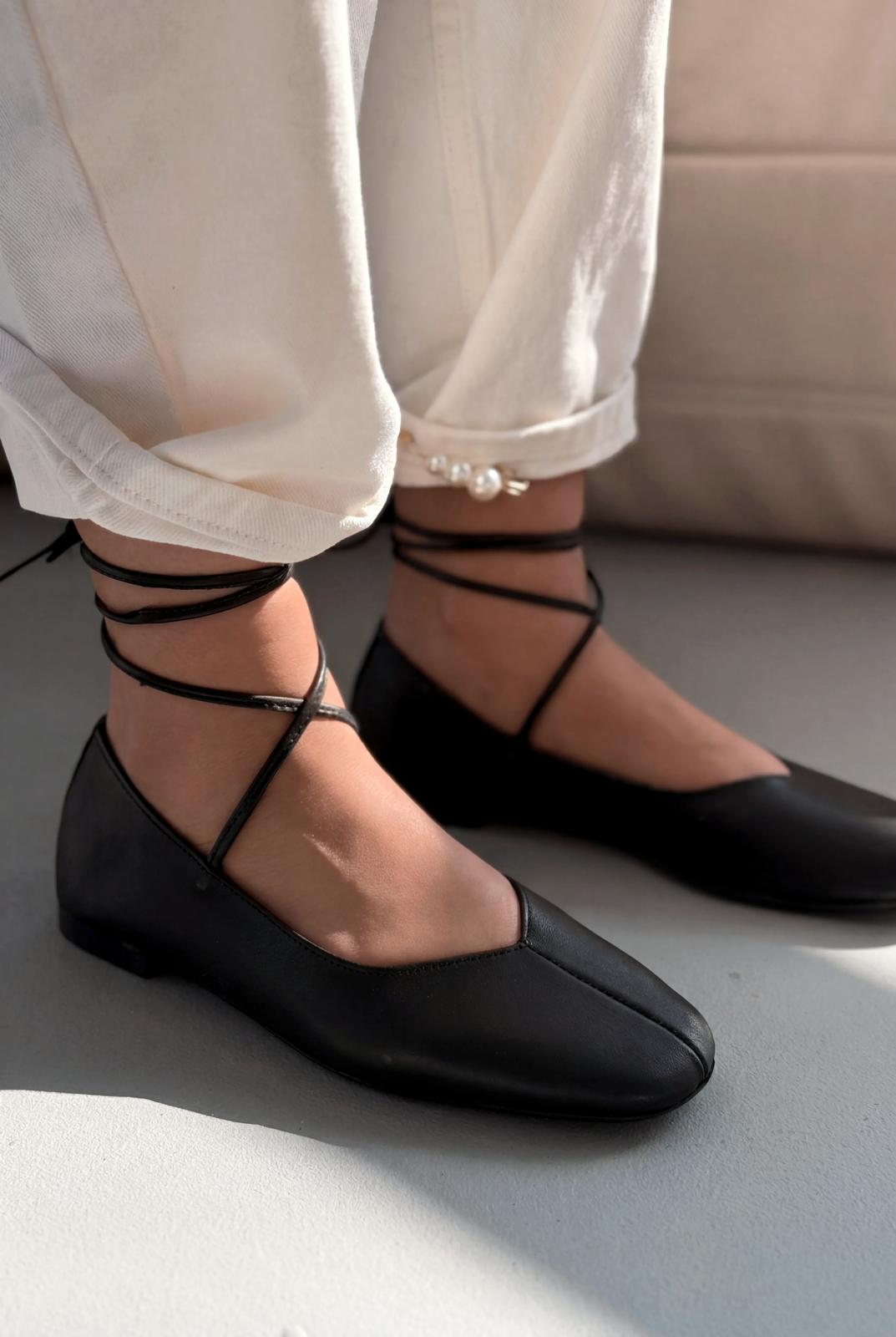 Morven Hakiki Deri Siyah Kadın Babet - ILOVESHOES