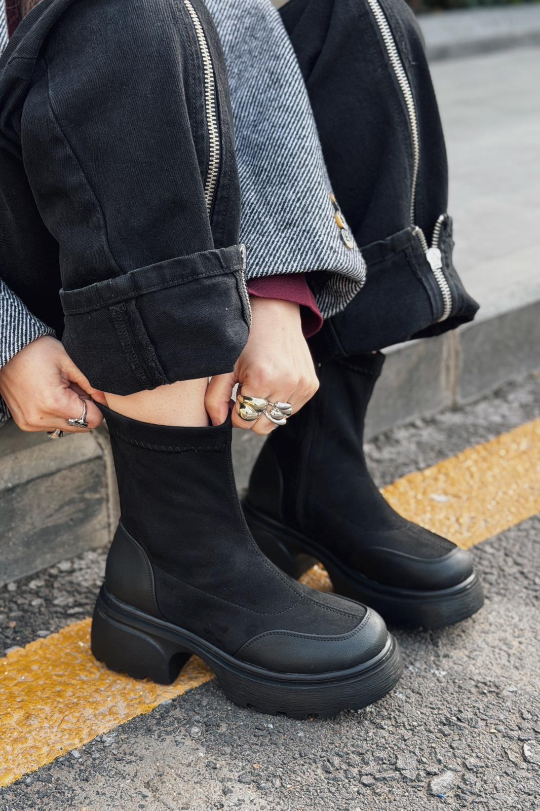 Gariel Kadın Kalın Taban Bot Siyah Süet - ILOVESHOES